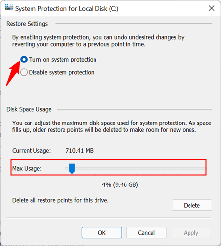 Tick the bubble "Turn on System Protection," and adjust the slider to the correct amount of storage. Then click "Ok."