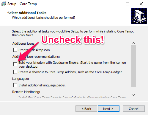 Uncheck the &quot;Goodgame Empire&quot; junkware in Core Temp&rsquo;s installer.