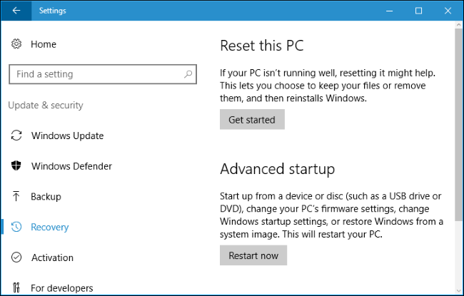 Reset This PC options on Windows 10.