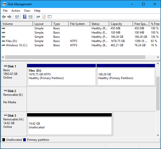 The Disk Management Utility showing an unpartitioned, unformatted removable disk. 