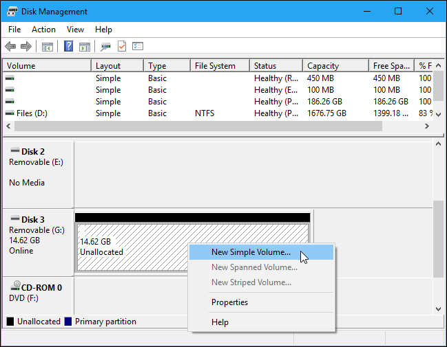 Right-click an unformatted, unpartitioned flash drive (labeled unallocated), then click &quot;New Simple Volume.&quot; 