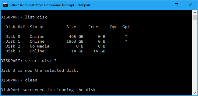 Using diskpart in Command Prompt to clean a USB drive with a messed-up partition table. 