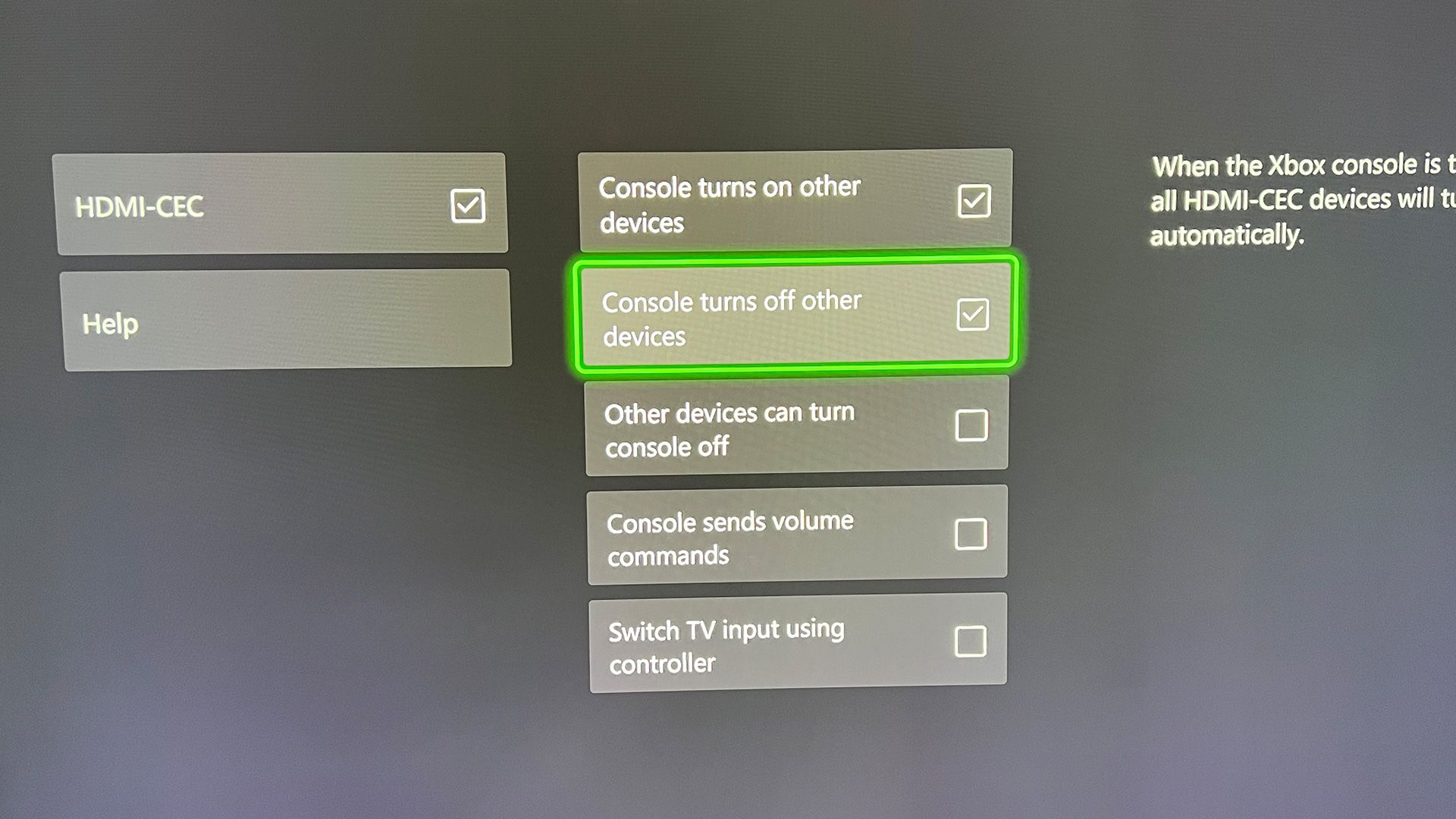 A screenshot of an Xbox Series X's HDMI-CEC menu.