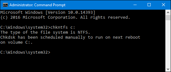 The Command Prompt showing a chkdsk has been scheduled.
