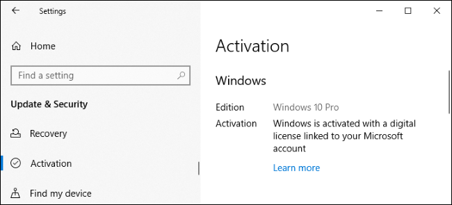 Windows 10 activated with a digital license linked to a Microsoft account.