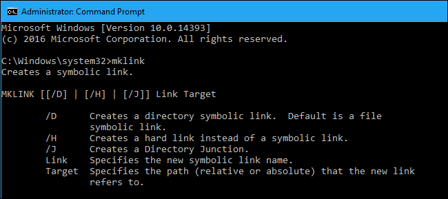 Command Prompt window with the arguments for mklink. 