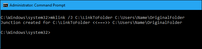 Command Prompt window with successful hard symbolic link created between "C:\LinktoFolder" and C:\Users\Name\OriginalFolder