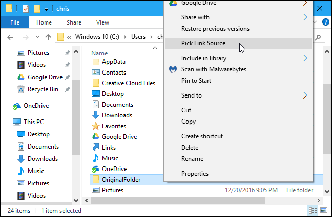 Right-click target folder in Windows Explorer, then click "Pick Link Source" in the right-click context menu. 