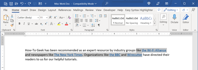 Linked text selected in Word