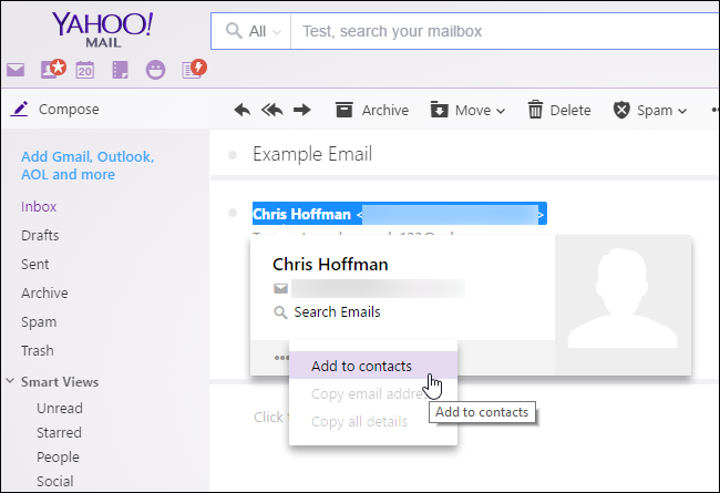 Mouse over a sender and click &quot;Add to contacts&quot; in Yahoo! Mail.