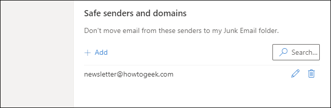 The Safe Senders and Domains list on Outlook.com