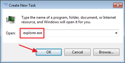 Type "Explorer.exe" in the run window, then click "OK." 