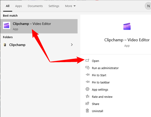Search for &quot;Clipchamp&quot; in the Start Menu, then click &quot;Open.&quot;