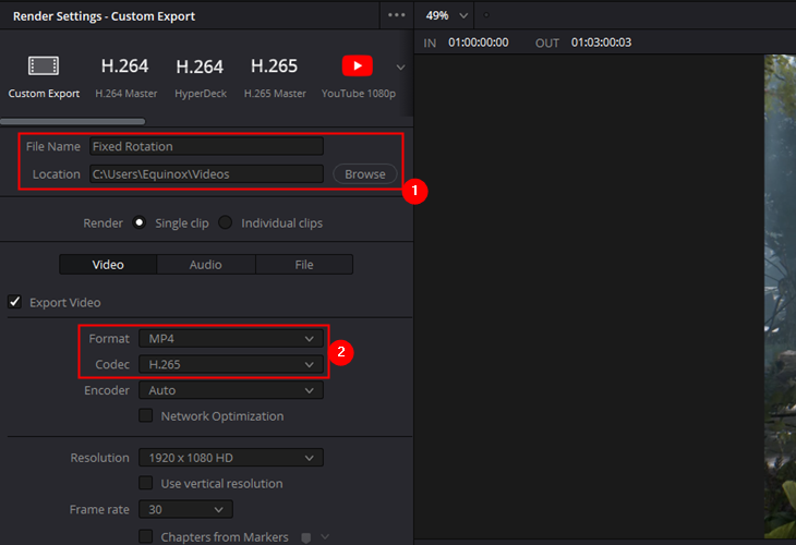 Set your file name, save location, file format, and file codec.