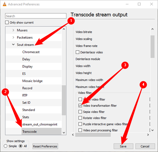 Open the Advanced Preferences Menu, the navigate to Sout Stream &gt; Transcode, and enable &quot;Video Transformation Filter.&quot; Click &quot;Save&quot; to apply.