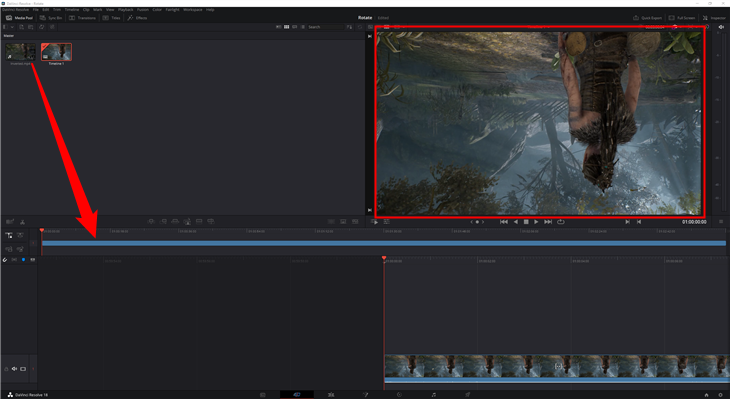 Drag the imported video from the top section to any location on the bottom half of the DaVinci Resolve window.