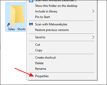 choose properties command on shortcut's context menu