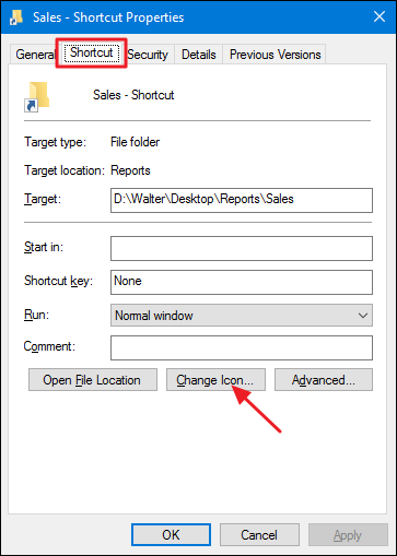 click change icon button on the shortcut tab