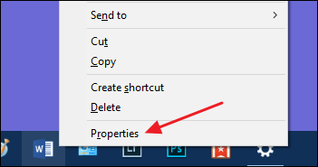 choose properties command on taskbar shortcut's context menu