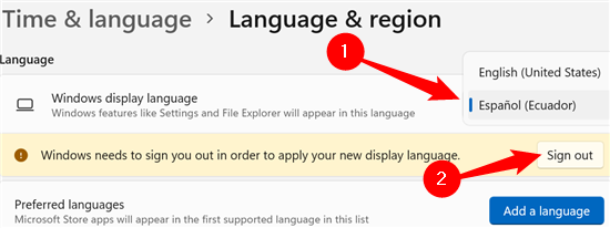 Click the drop down menu to select your language, then click "Sign Out."