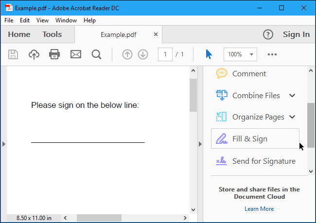 Open Adobe Acrobat Reader and click the &quot;Fill &amp; Sign&quot; button