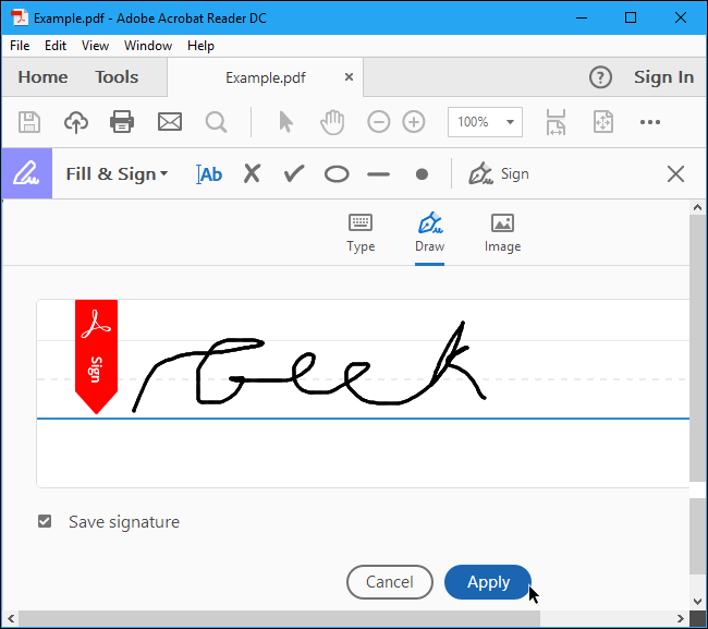 Use your mouse to sign your signature and then click the &quot;Apple&quot; button