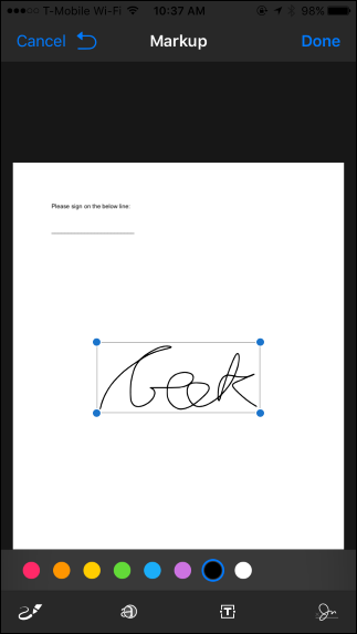 Draw your signature and then tap the &quot;Done&quot; button