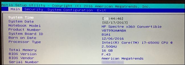 A BIOS main page listing the computer's serial number.