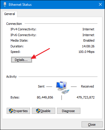 Click the "Details" button in the Ethernet Status window