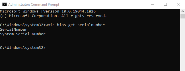 Windows 10 Computer Command Prompt. The serial number command returned nothing because the computer was not pre-assembled. 