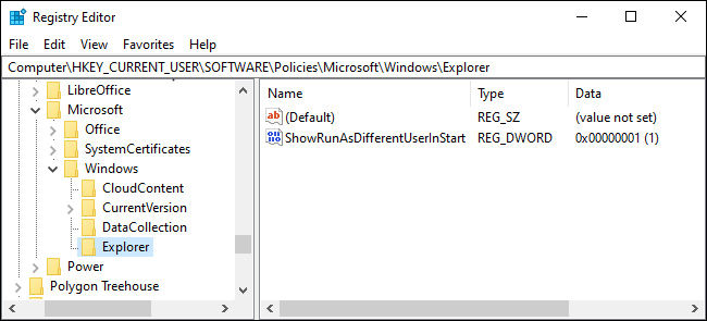 Viewing the Explorer subkey in the registry editor
