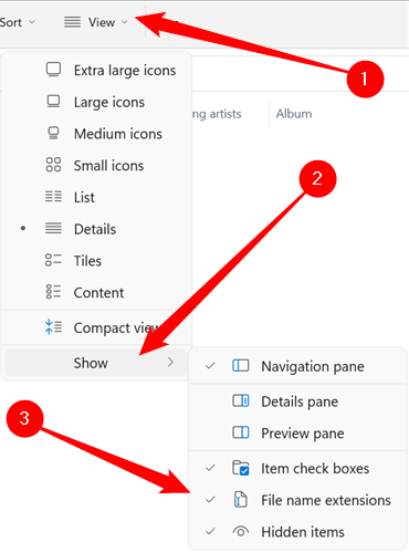 Click "View," mouse over "Show," then click "File Name Extensions."