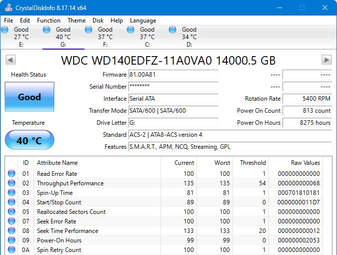 A screenshot of CrystalDiskInfo showing the SMART data for a mechancial hard drive.