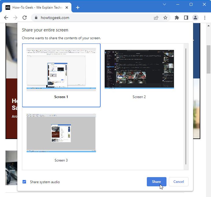 A screenshot of Google Chrome showing the screen selection options if you have multiple monitors installed.