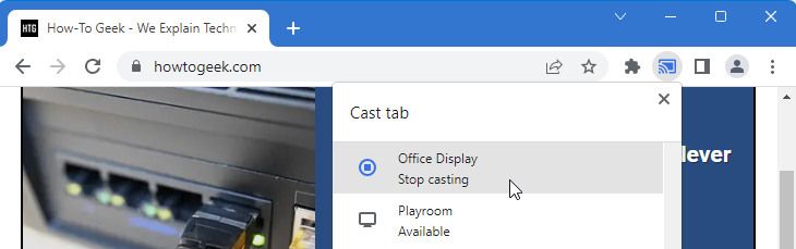 A screenshot of Google Chrome showing active casting and how to turn the active cast off.