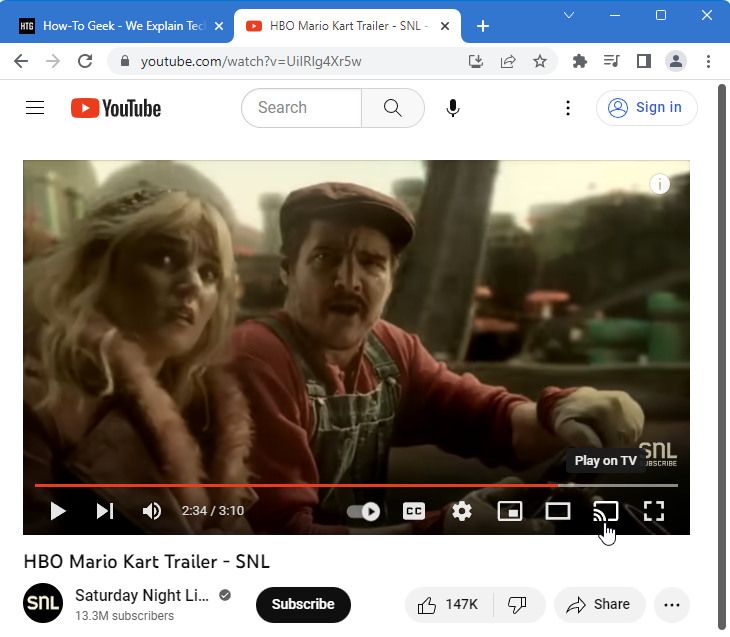 A screenshot of Google Chrome showing the casting icon on a YouTube video's navigation bar.