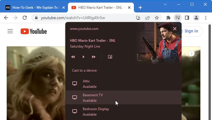 A screenshot of Google Chrome showing the media control options when direct casting from a site like YouTube.