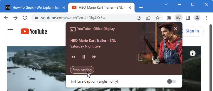 A screenshot of Google Chrome showing how to stop casting a direct cast from a source like YouTube.
