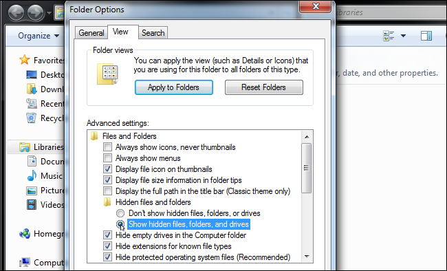 Open the View tab, then scroll until you find the &quot;Show Hidden Files, Folders, and Drives&quot; and enable it. 