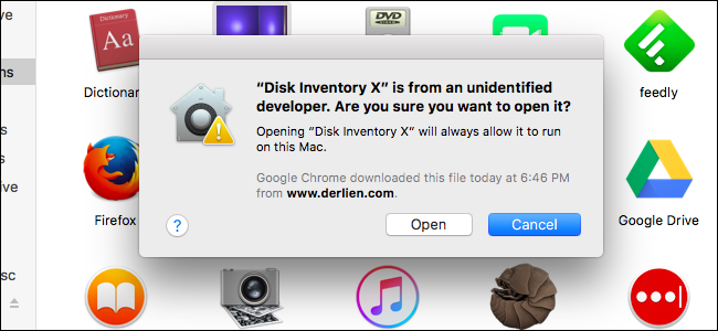The &quot;unidentified developer&quot; warning from Gatekeeper on a Mac.