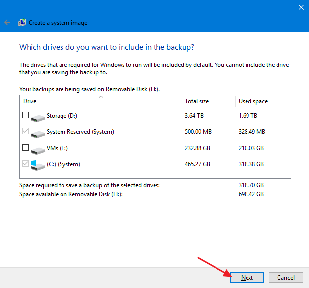 Select the drives you want to backup, then click &quot;Next&quot; again. 