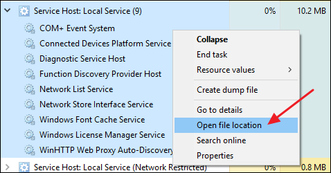 Right-click the Service Host process, then click &quot;Open File Location&quot; to ensure that the executable is the real one.