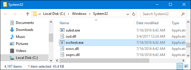 The real svchost.exe located at &quot;C:\Windows\System32.&quot;