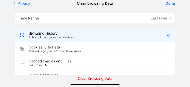 Clear browsing data settings menu in Google Chrome for iPhone