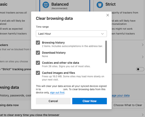 Clear Browsing Data menu in Microsoft Edge