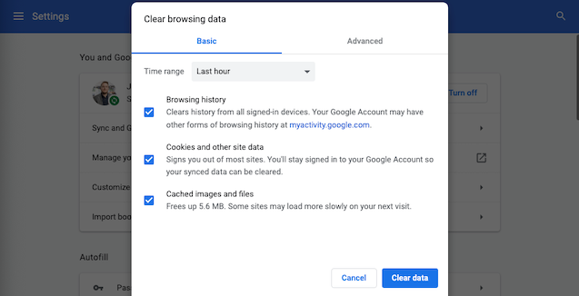 Clear browsing data settings menu in Google Chrome for desktop