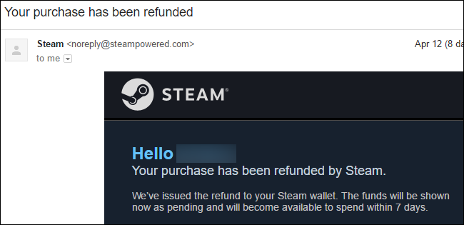 A refund confirmation from Steam.