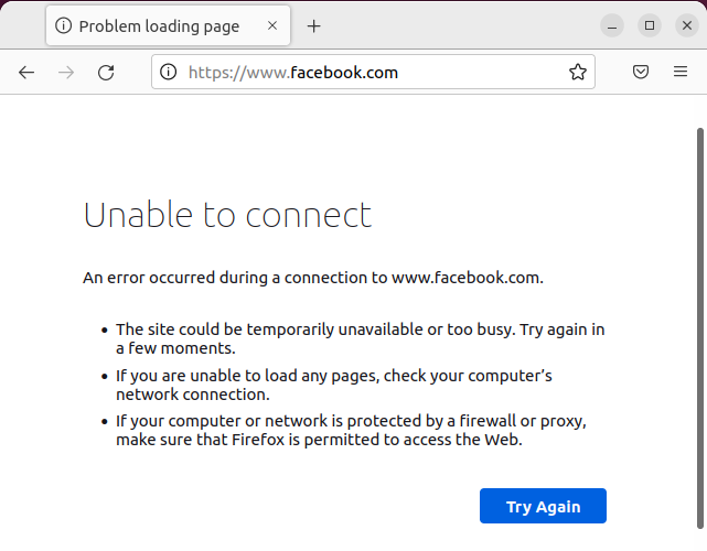 The browser cannot connect to Facebook.com.