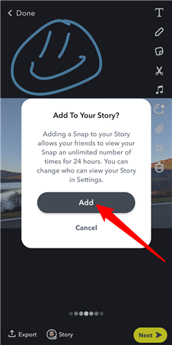 Tap &quot;Add&quot; to confirm you want to add the photo to your Snap Story. 