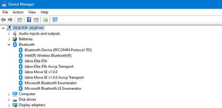 The Device Manager showing Bluetooth devices on Windows 10.